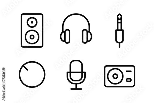 Minimalist audio equipment icons featuring headphones, microphone, speaker, and more