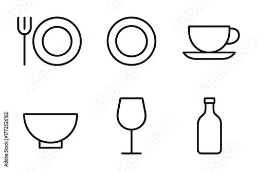 Minimalist dining icons collection: simple line art of tableware and drinkware