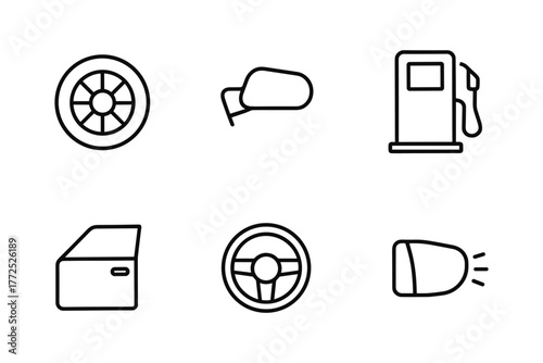 Minimalist car parts icons collection: tire, mirror, gas pump, window, steering wheel, headlight