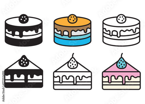 Assorted Cake and Cake Slice Icons in Various Design Styles
