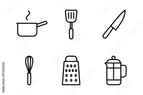 Kitchen tools set in simple linear style for cooking and baking
