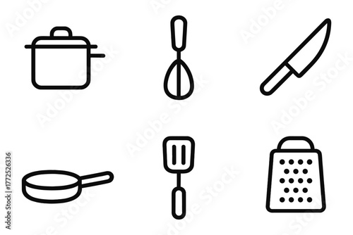 Minimalist kitchen utensils set: pot, whisk, knife, pan, spatula, grater icons