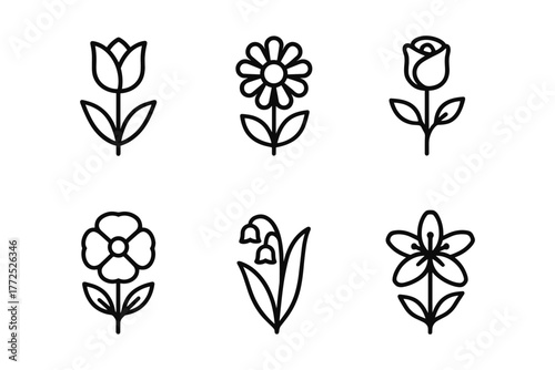 Minimalist black and white floral icon set featuring six different flower designs
