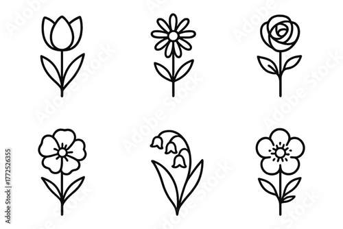 Minimalist flower icons: tulip, daisy, rose, poppy, lily of the valley, hibiscus
