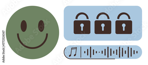 happy face, three locks signifying security, audio waveform with music note. Ideal for data protection, privacy, security, sound encryption, content creation technology happiness. Simple flat