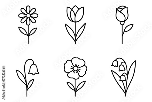 Minimalist floral line art set featuring six different flower designs