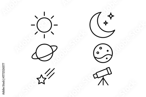Minimalist celestial icons: sun, moon, stars, planets, and telescope