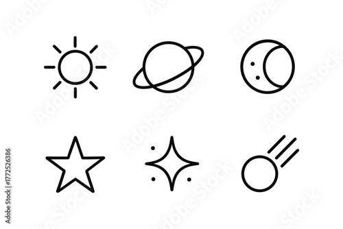 Minimalist cosmic icons featuring sun, planets, and celestial bodies in line art style