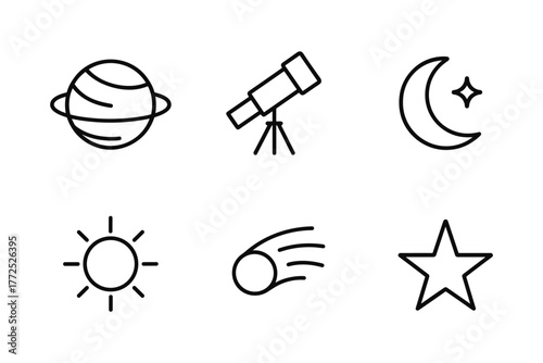 Minimalist space elements with telescope, moon, sun, and stars in outline style