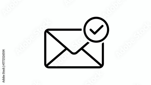 Simple black and white line art icon of an open envelope with a checkmark inside a circle indicating confirmation or success