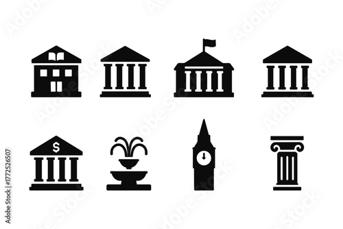 Silhouette icons of government buildings and historic structures