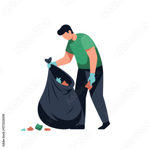 Man Collecting Garbage in Black Trash Bag