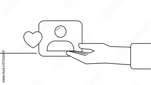 Hand offering a heart symbol next to a user profile icon representing love and appreciation for someone online