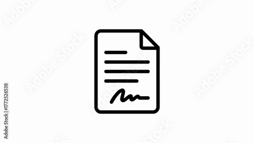 Simple black and white line art illustration of a document with lines of text and a signature at the bottom