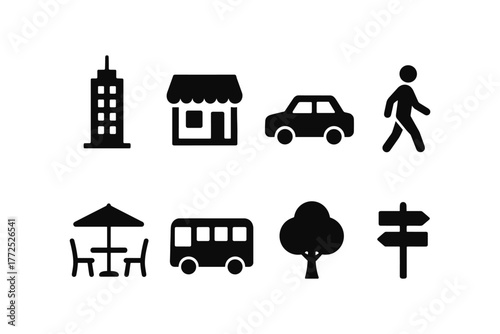 Urban icon set: monochrome symbols of city life and transportation