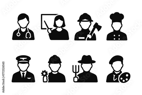Diverse professions icons in black silhouette style