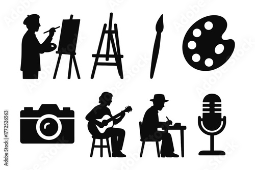 Creative arts icons in silhouette style featuring music, painting, photography