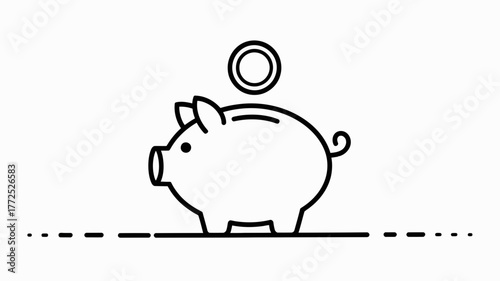 Simple outline illustration of a piggy bank with a coin dropping into its slot representing saving money and financial security