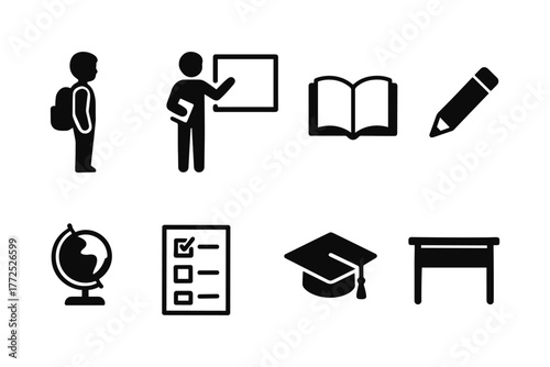 School silhouette icons: education symbols for learning and teaching