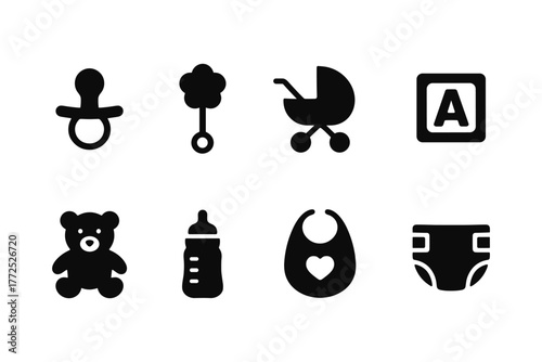 Baby essentials icons set: pacifier, stroller, bib, teddy bear, and more in silhouette style