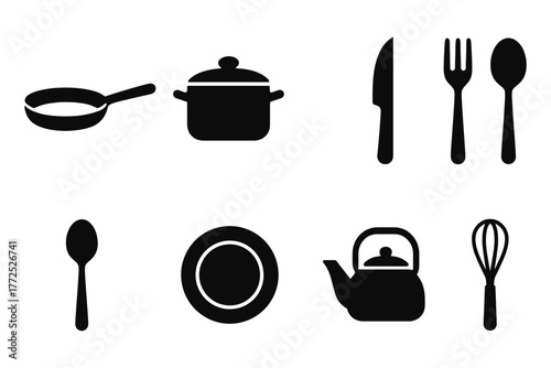 Silhouette kitchen utensils set featuring essential cooking tools and tableware