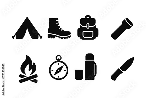 Camping gear icons: essential outdoor equipment in bold silhouette style