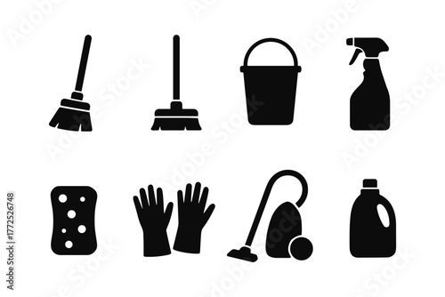 Silhouette cleaning icons: broom, bucket, spray, sponge, gloves, vacuum, detergent