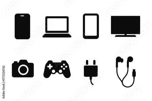 Silhouette icons of electronic gadgets: smartphone, laptop, and more