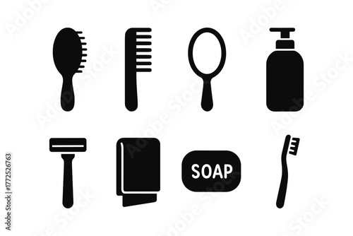 Silhouette set of bathroom essentials: comb, soap, and more