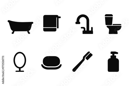 Minimalist bathroom icons set: bath, towel, faucet, toiletries, and more