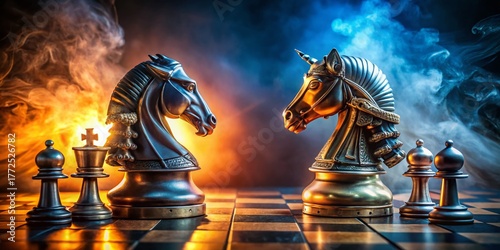 Epic Chess Knight Duel: Panoramic High-Resolution Board Game Showdown