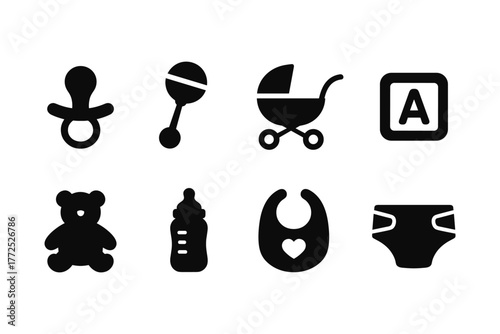 Minimalist baby icons set: pacifier, rattle, stroller, block, accessories