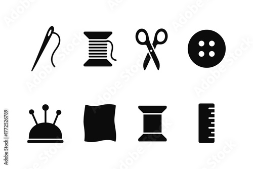 Sewing tools icons set: needle, thread, scissors, button, and more
