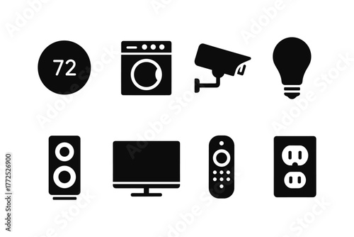 Smart home icon set with gadgets and appliances in minimalist style