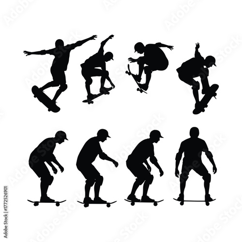 Silhouette of skateboarder performing tricks and riding