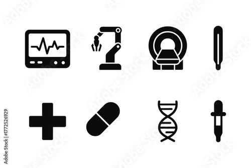 Medical technology icons set featuring equipment and tools in silhouette style