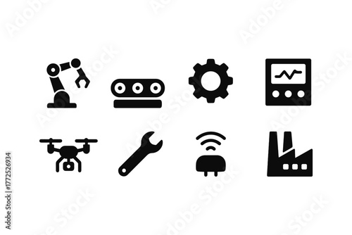 Industrial automation icons set: silhouette style with robotics, factory, and drone elements