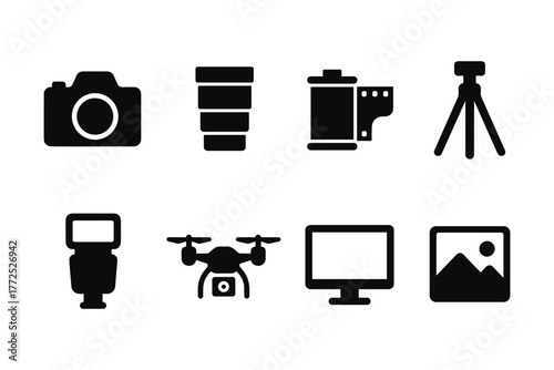 Photography equipment icons: silhouette set of camera, lens, tripod, drone