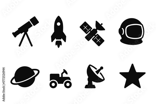 Space exploration icons: telescope, rocket, satellite, astronaut helmet