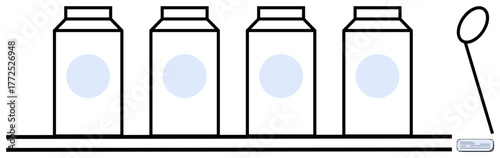 Four rectangular milk cartons aligned on a shelf beside a spoon. Ideal for dairy, nutrition, packaging, minimalism, organized lifestyle, food manufacturing, simple flat metaphor