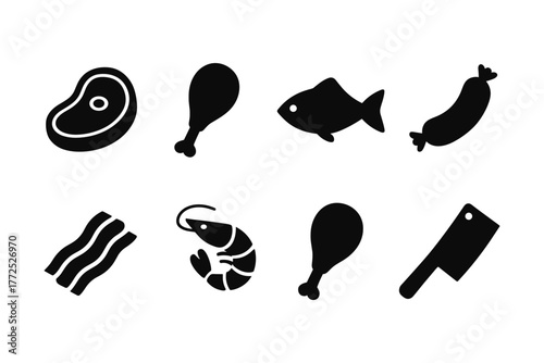 Silhouette icons of meat and seafood: steak, drumstick, fish, sausage, bacon, shrimp, cleaver