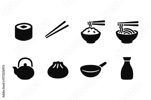 Minimalist asian cuisine icons: sushi, chopsticks, dumplings, and more