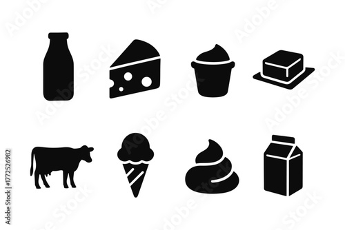 Silhouette dairy icons: milk, cheese, and ice cream symbols for packaging design