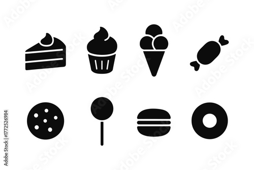 Silhouette icons of desserts and sweets: cake, ice cream, candy, and more