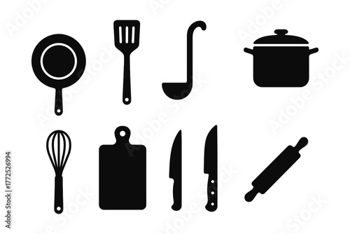 Silhouette kitchen utensils set: frying pan, spatula, ladle, pot, whisk, cutting board, knives, rolling pin