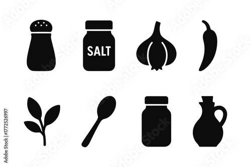 Silhouette icons of salt, garlic, spices, and kitchen utensils in black