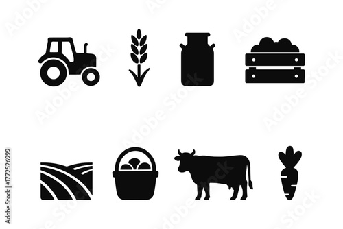 Silhouette farm icons: agriculture, harvest, and livestock symbols