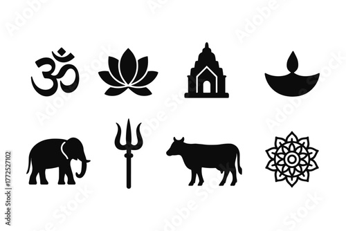 Hindu symbol silhouette set: om, lotus, temple, diya, elephant, trident, cow, mandala