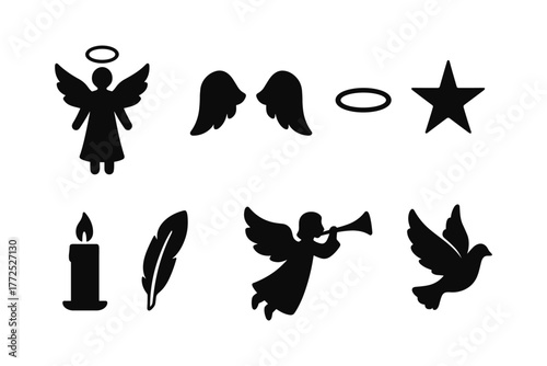 Silhouette angelic icons with wings, halo, and star for spiritual designs