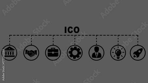 Ico Concept Video banner The Banner Shows a Series Of Icons Connected by a dashed line, On The Black Background.